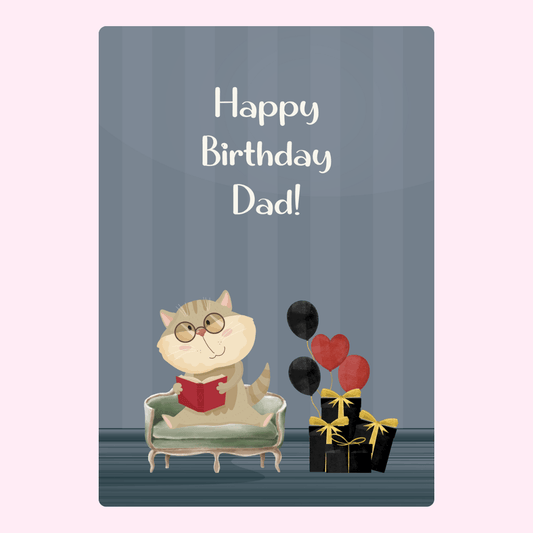 Birthday card for Dad with cat, gifts, and balloons