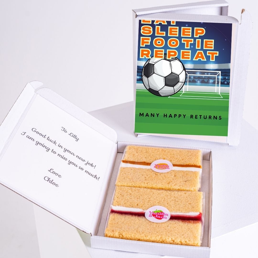 Cake box with Eat Sleep Footie Repeat and Many Happy Returns message.