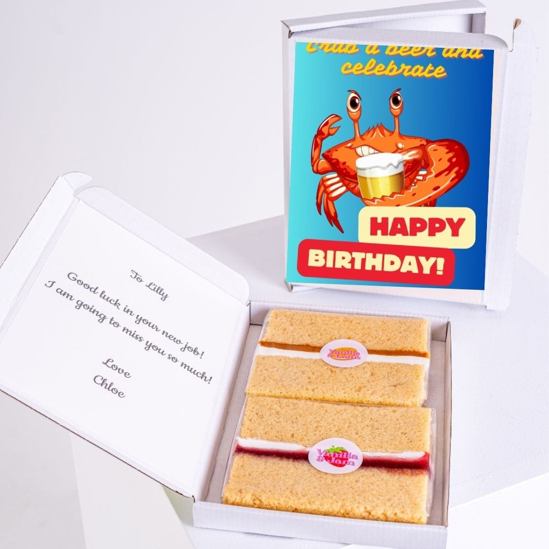 Birthday cake box with crab card, Happy Birthday! and Good luck, Lilly!...