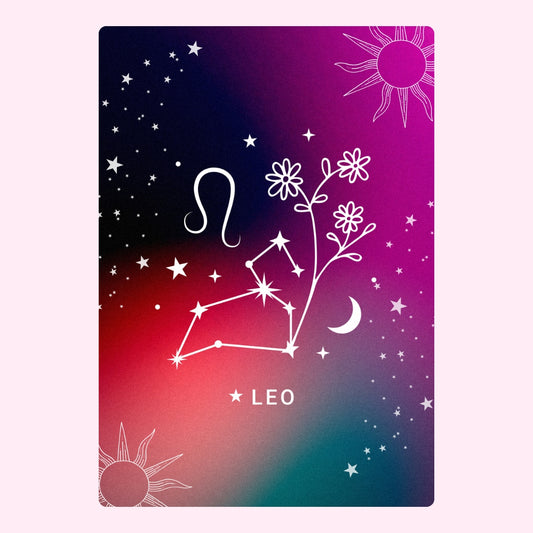 Colourful Leo zodiac constellation with moon, stars, flowers, and sun
