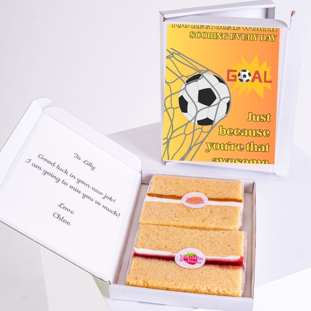 Soccer-themed gift box for Lilly, Scoring Every Day card, cake