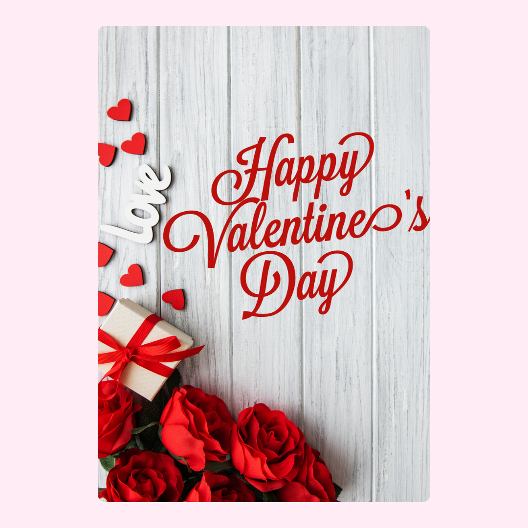 Happy Valentine's Day card with roses and gift.
