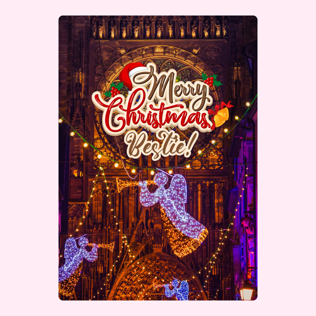 Christmas card with angels and text.