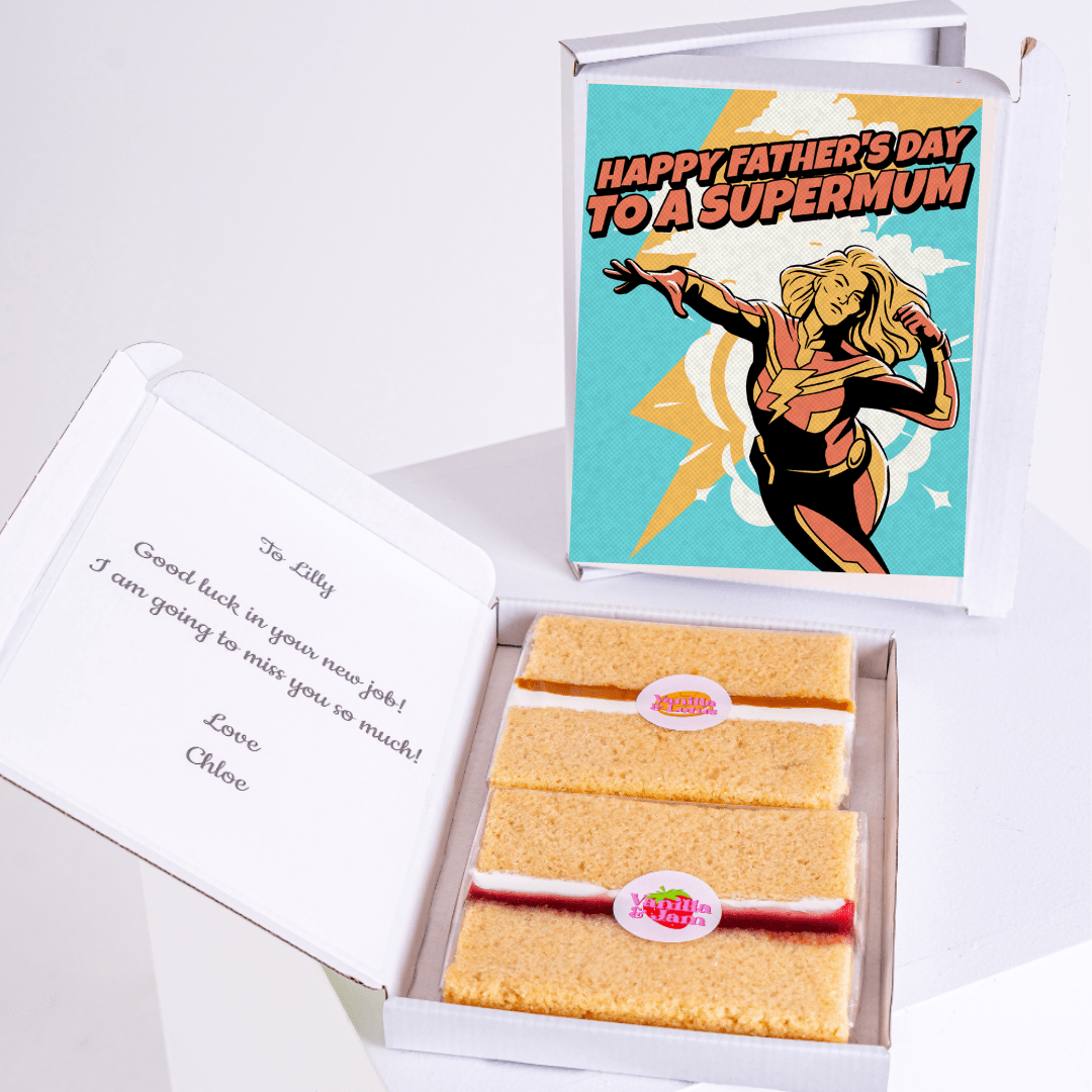 Father's Day gift for a Supermum with cake and message.