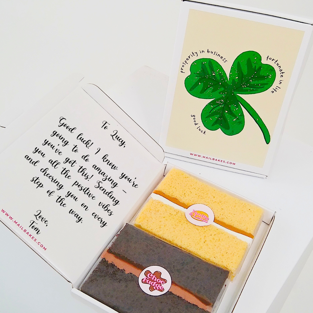 Cake gift box with good luck card for Lucy