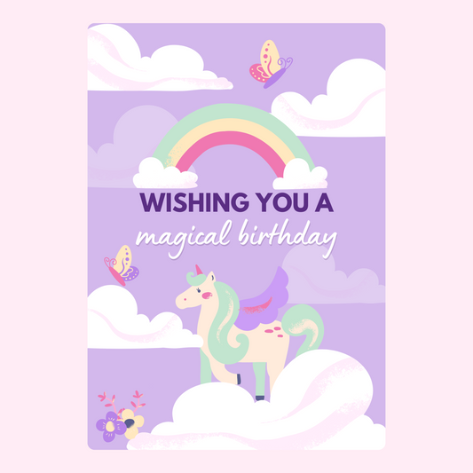 Magical birthday card with unicorn, rainbow, and butterflies