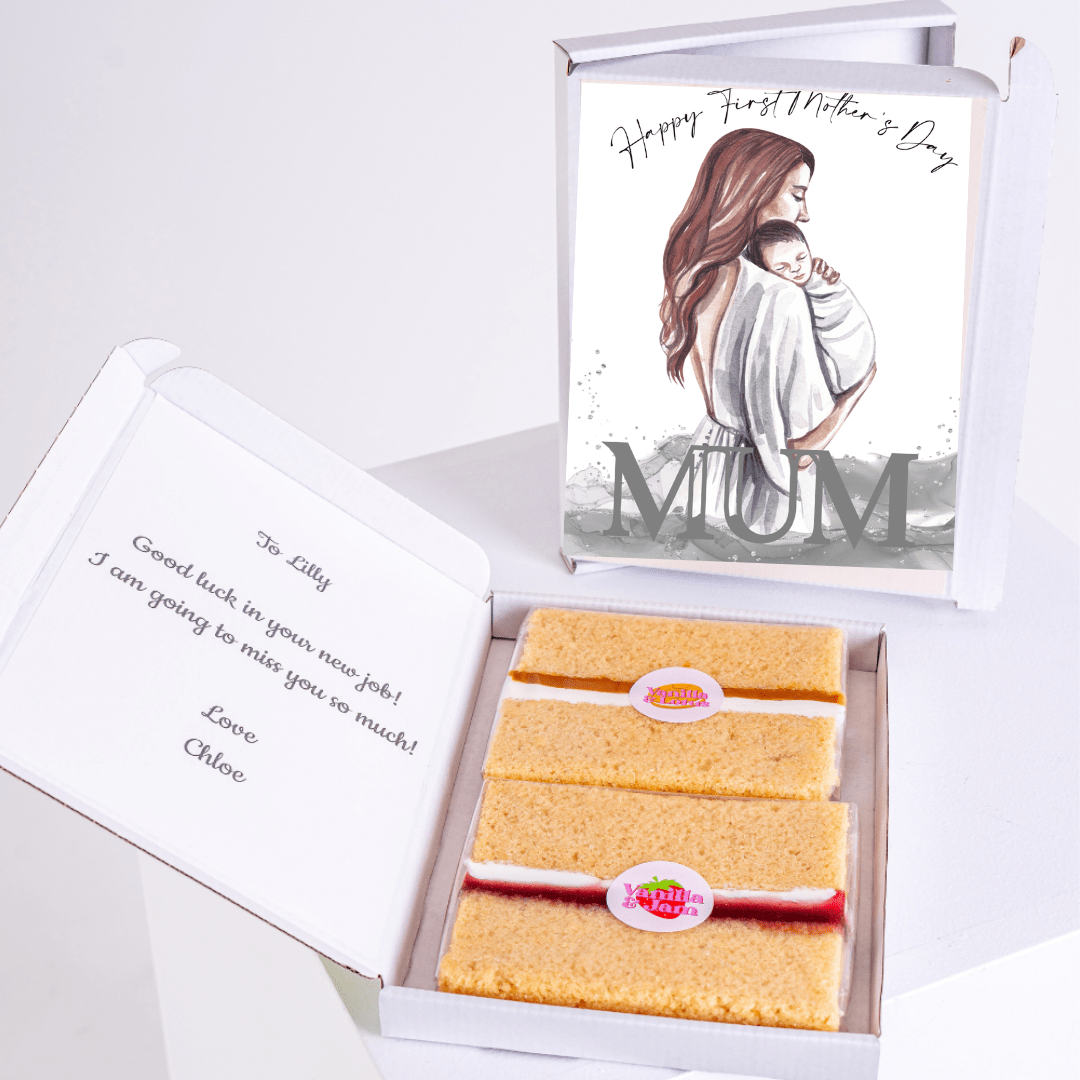 First Mother's Day gift box with card and cake