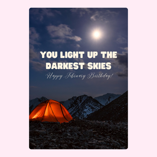 February birthday card with tent under night sky