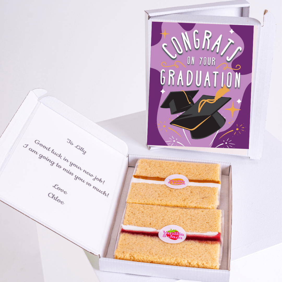Graduation gift box with cake and card, congratulations to Lilly