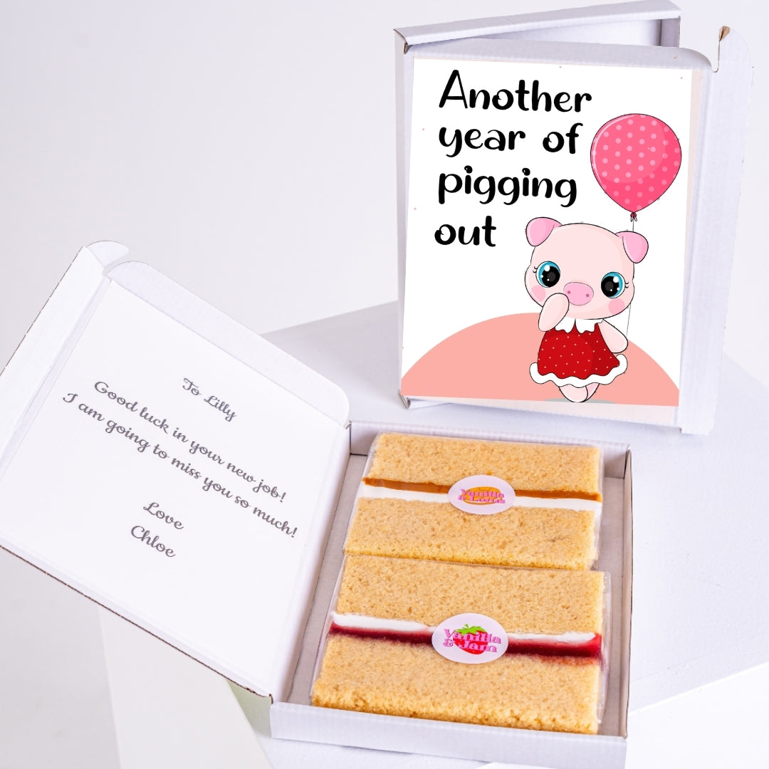 Letterbox cake with pigging out birthday design