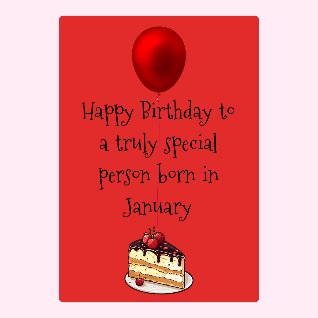 January birthday card with cake and balloon