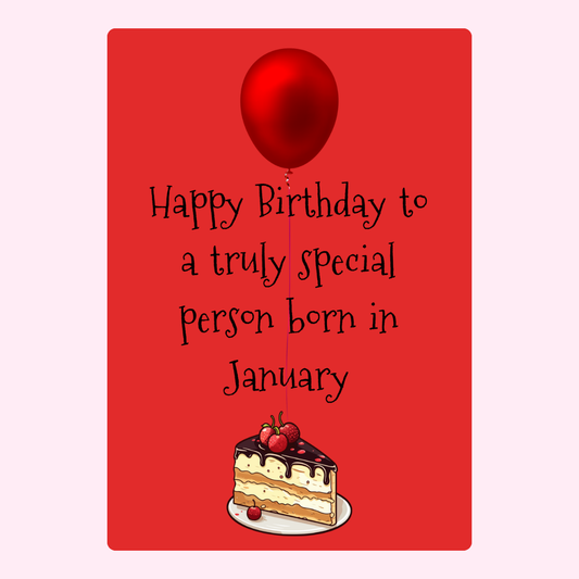January birthday card with cake and balloon