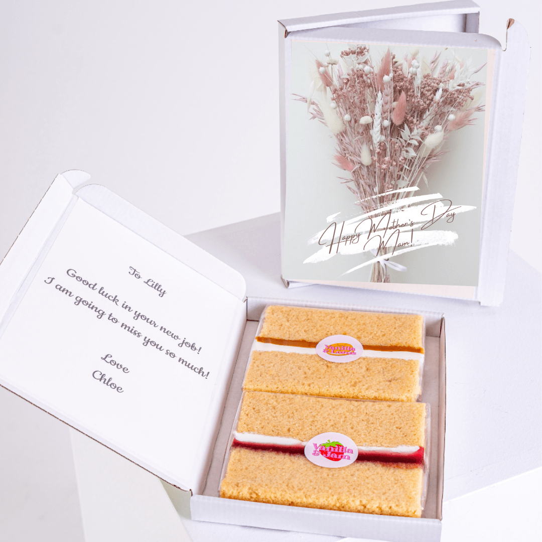 Gift box with cake and Mother's Day card, farewell message.