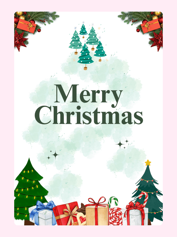 Christmas card with gifts and trees