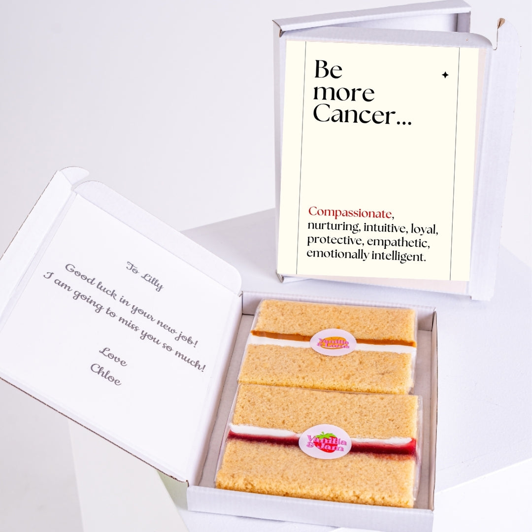 Zodiac themed Cancer message with fresh cake slices in box