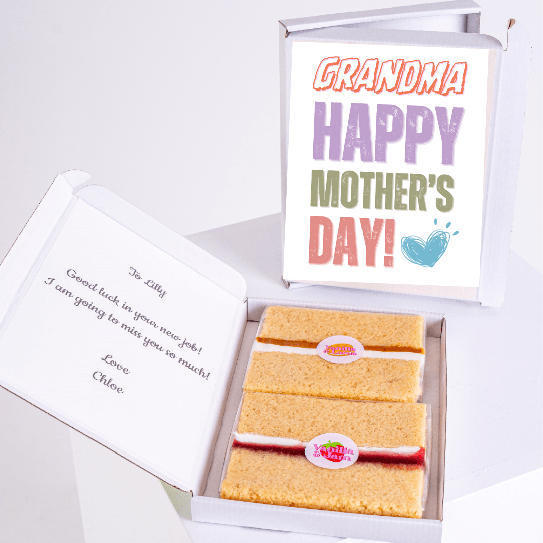 Mother's Day gift box with cake and card for Grandma.
