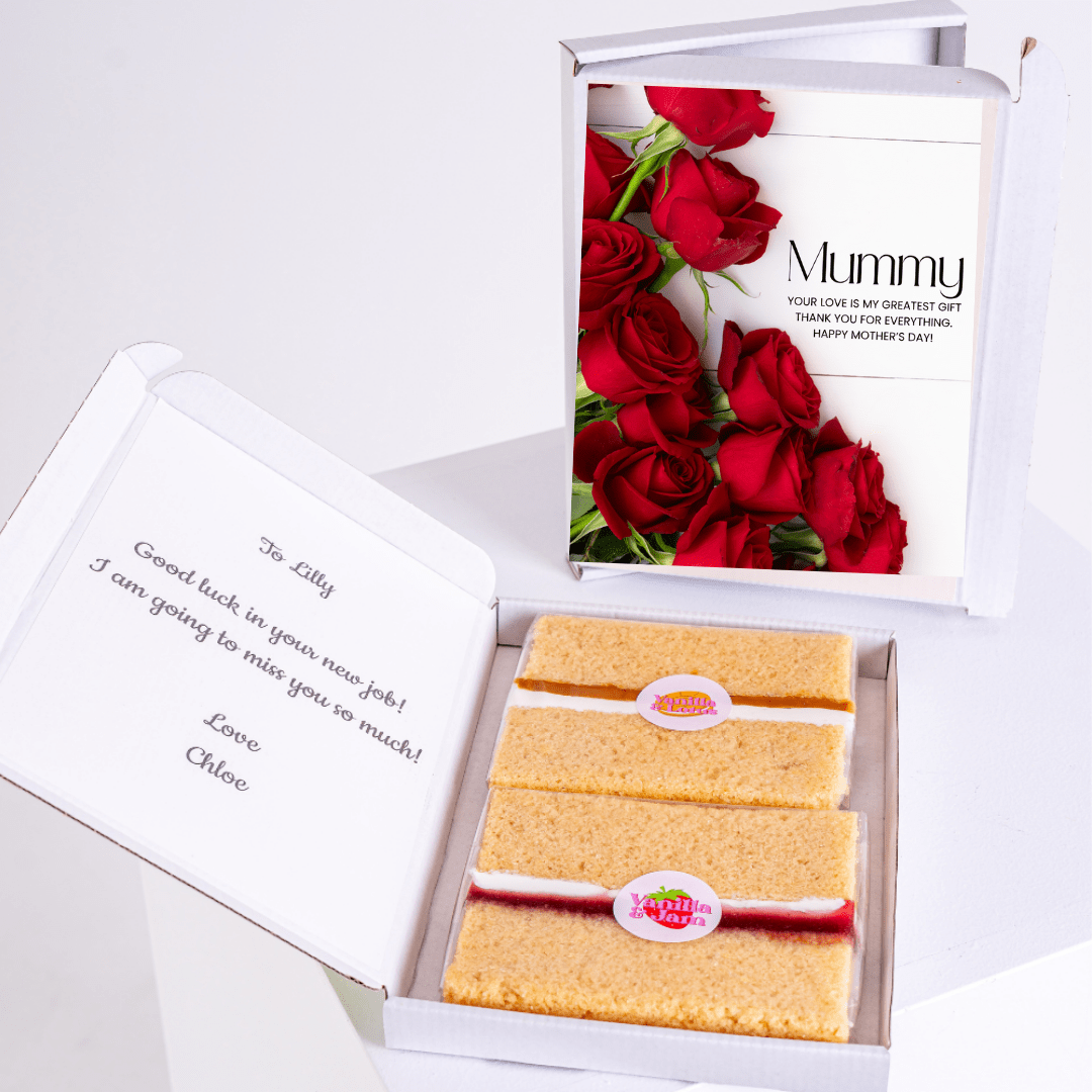 Mother's Day gift box with cake and flowers, card says Mummy.