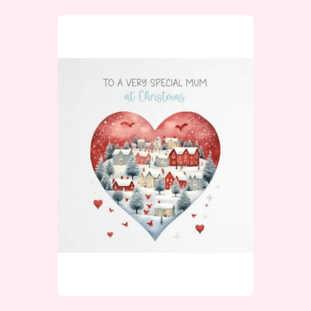Christmas card for Mum with heart-shaped village scene.