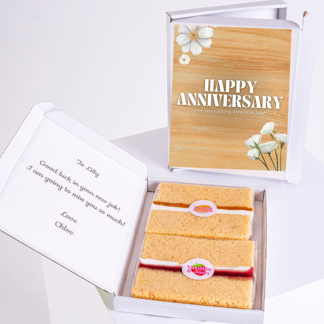 Anniversary cake with Happy Anniversary card and message to Lilly