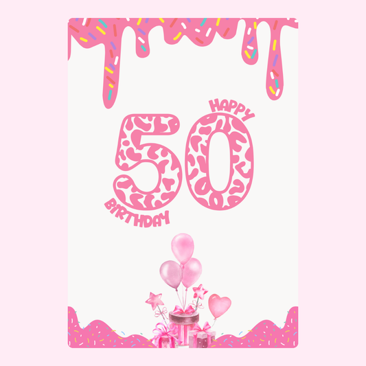 50th Birthday card with pink frosting and balloons