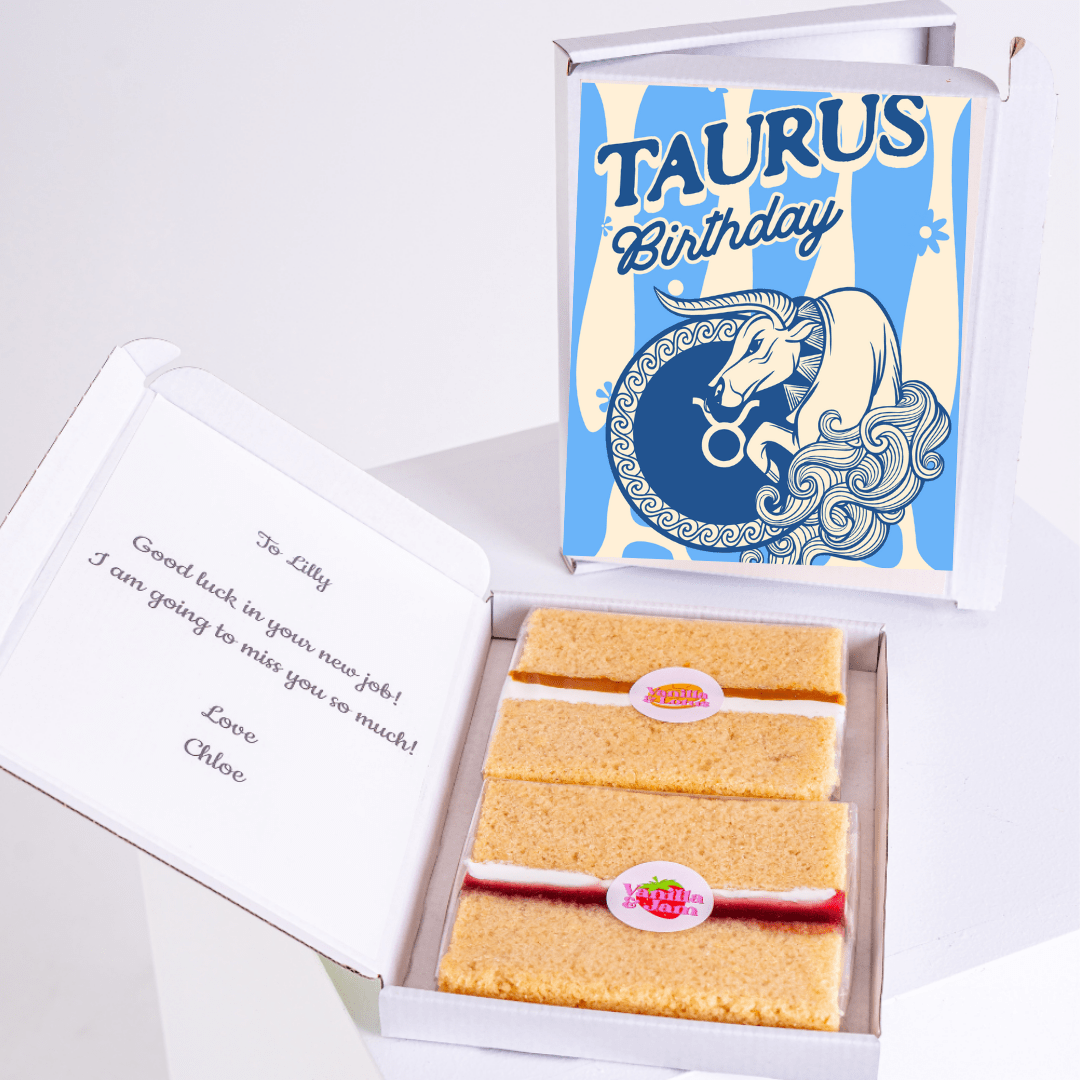 Taurus birthday cake box with a farewell message.