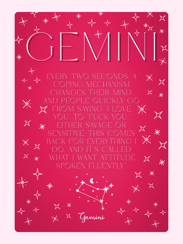 Gemini zodiac sign poster with text and stars