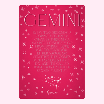 Gemini zodiac sign poster with text and stars