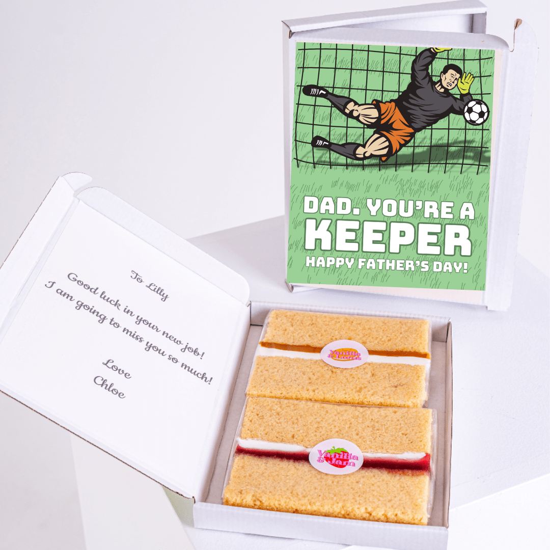 Father's Day cake with Dad, You're a Keeper card & message.