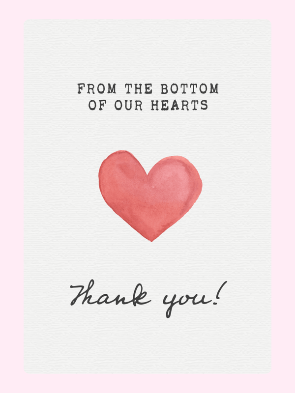 Thank you card with red heart, from the bottom of our hearts.