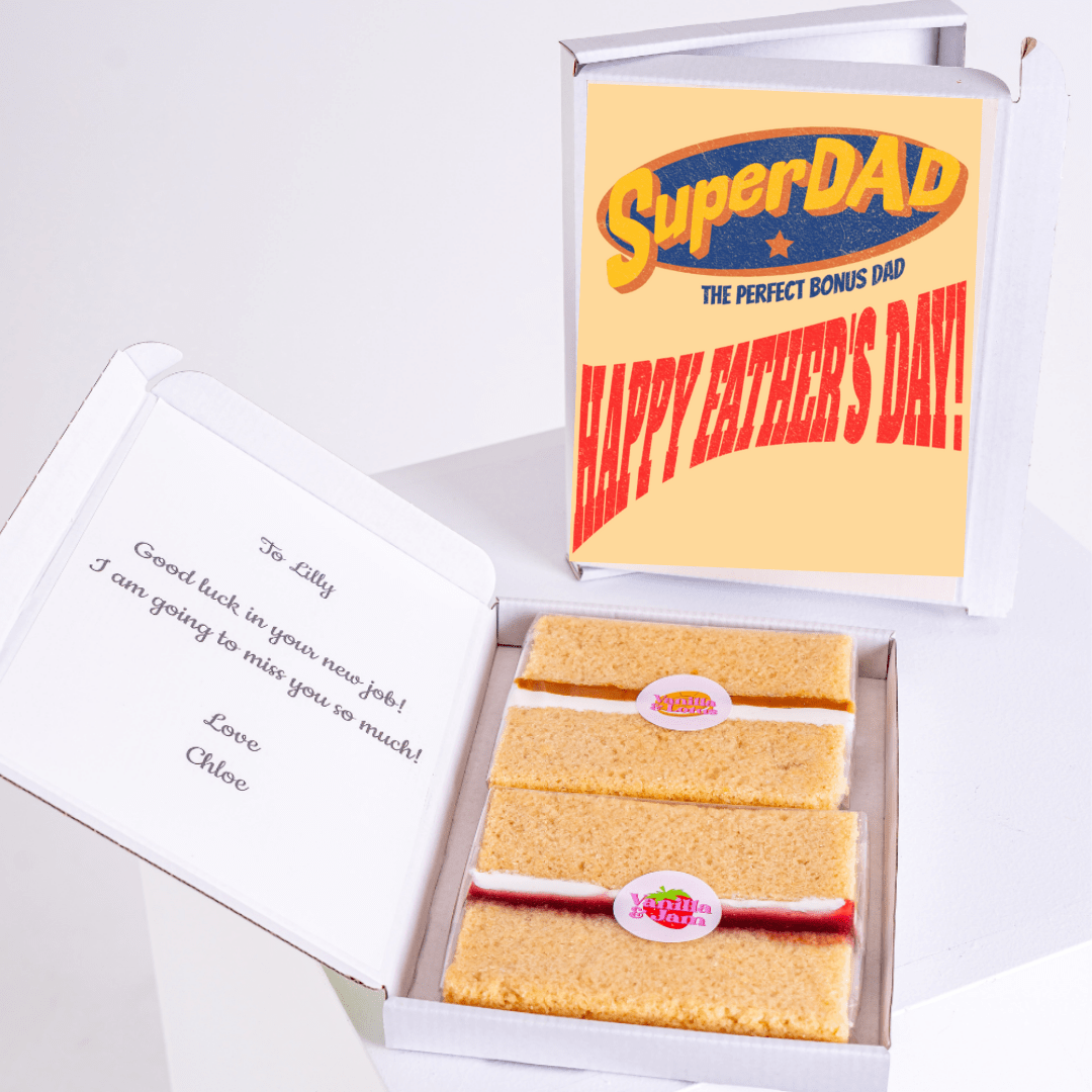 Father's Day cake gift set with Super Dad message and note.