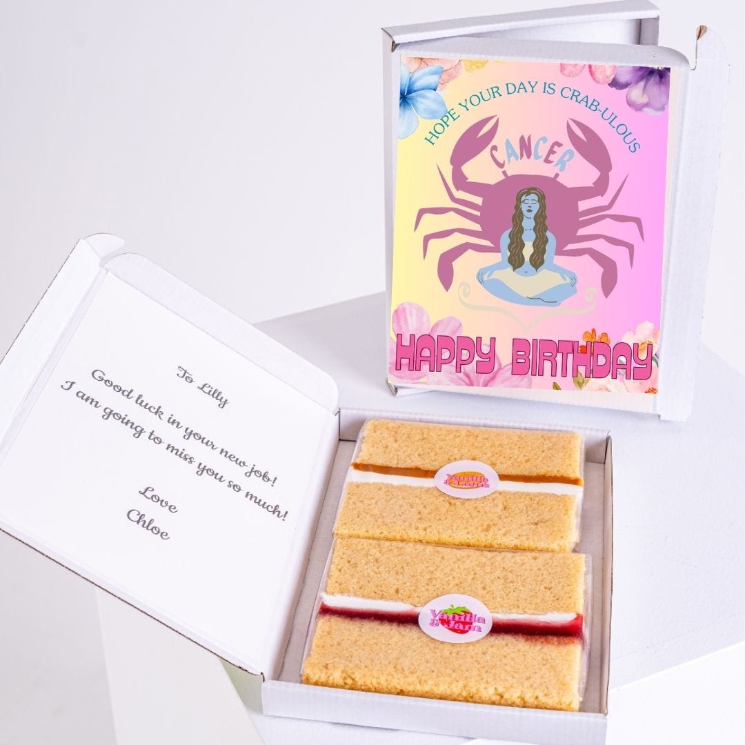 Birthday cake box with Cancer card and well wishes for Lilly.