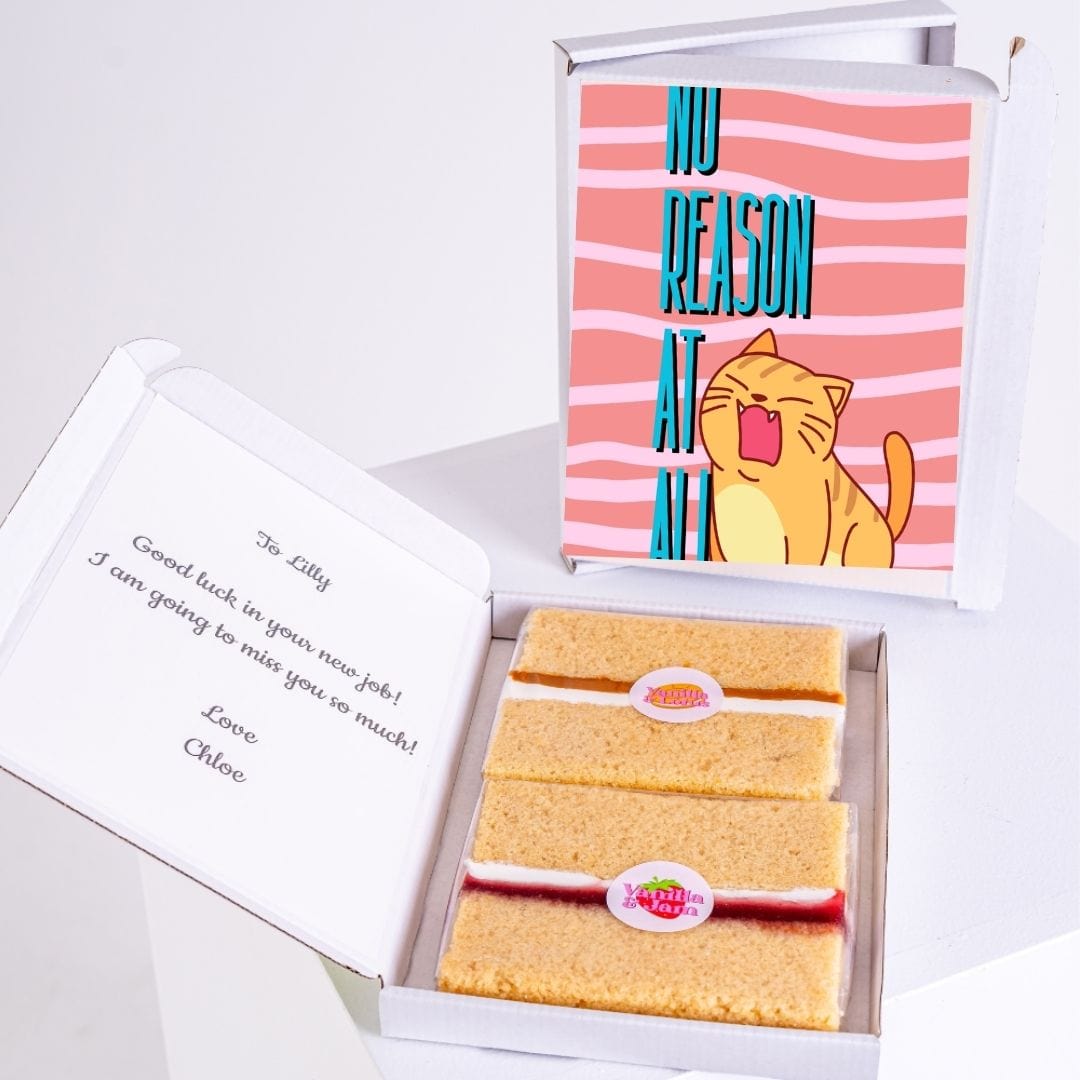 Cake box with No Reason At All card & good luck message