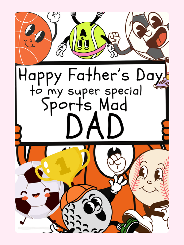 Father's Day card for sports-loving dad with cartoon sports balls.