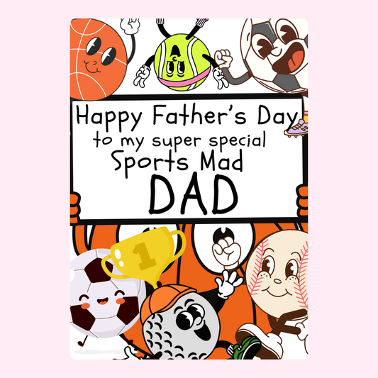 Father's Day card for sports-loving dad with cartoon sports balls.