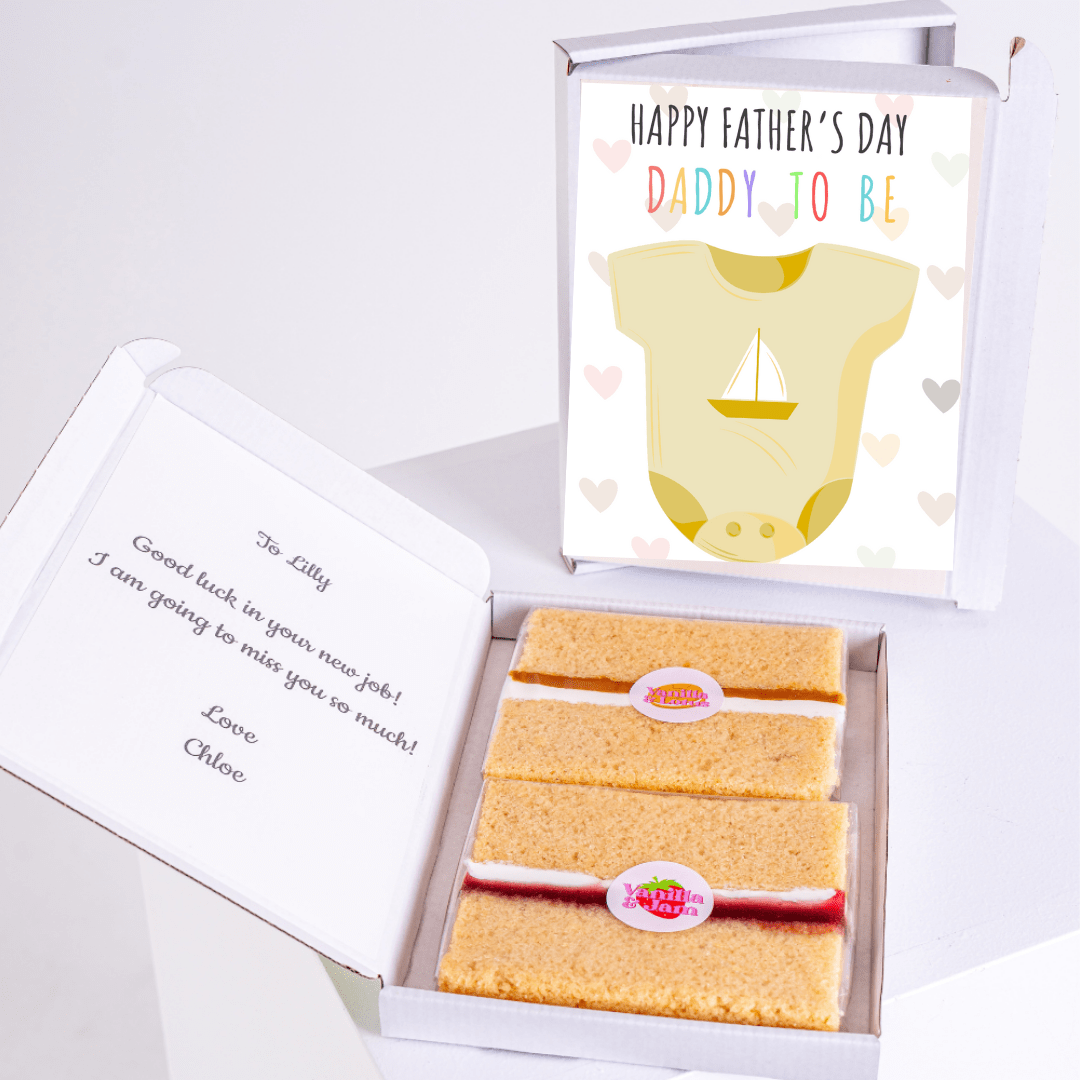 Father's Day gift box with cake, Daddy to Be card, and message.