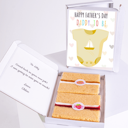 Father's Day gift box with cake, Daddy to Be card, and message.