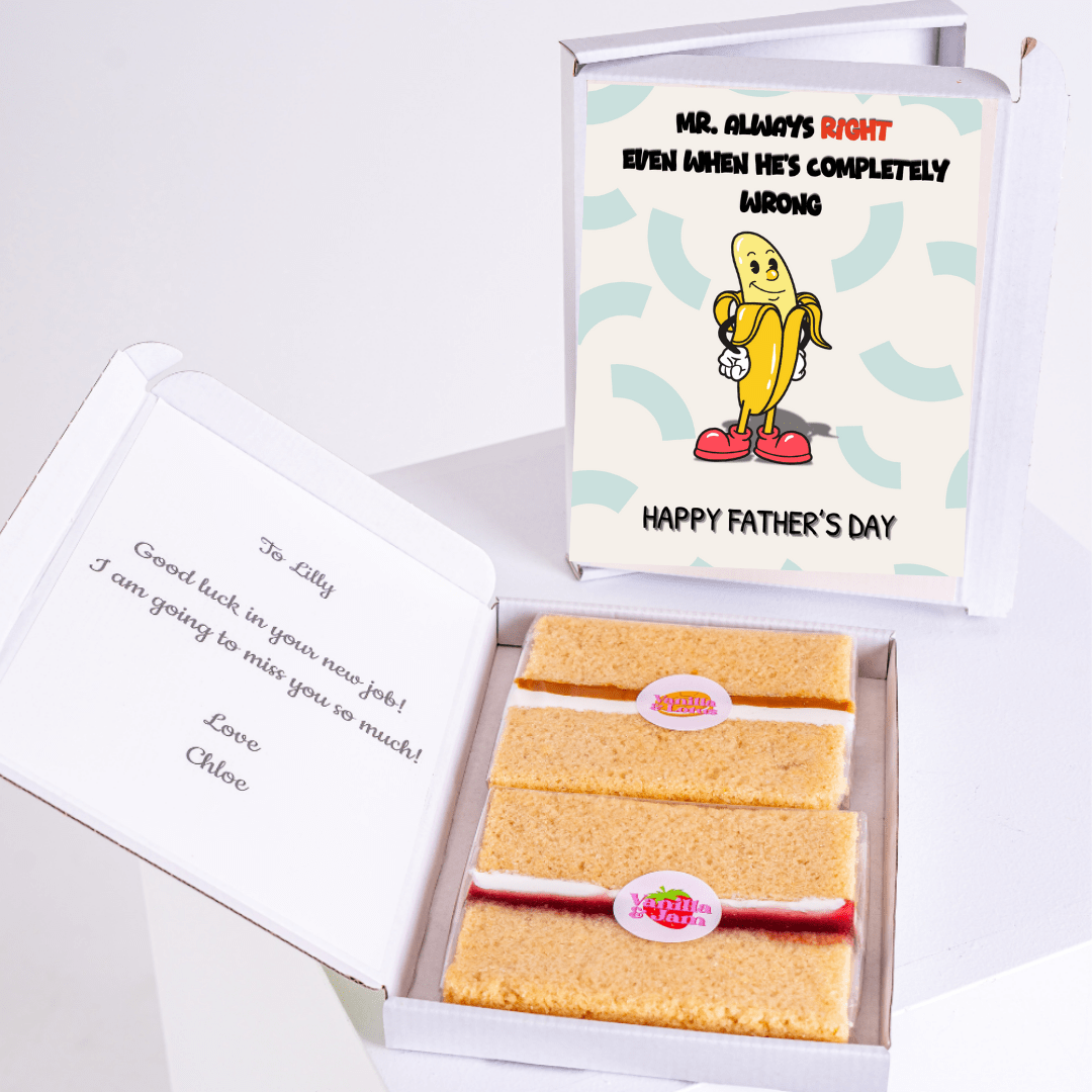 Father's Day gift box with cake and Mr. Always Right card.