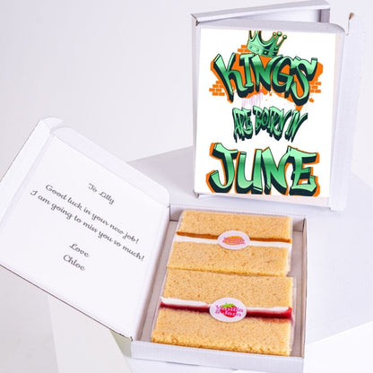Cake slices in a box with a birthday card.