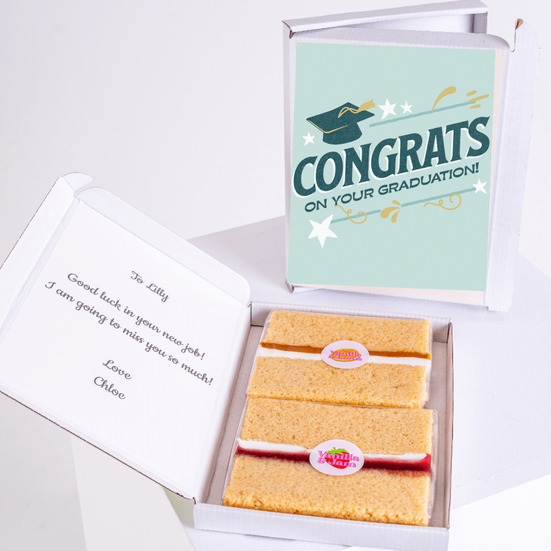 Graduation cake gift box with Congrats message & personal note.