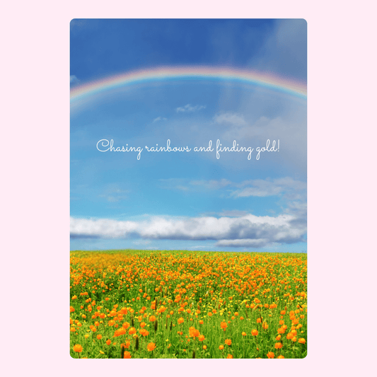 Rainbow over field of flowers, Chasing rainbows and finding gold!