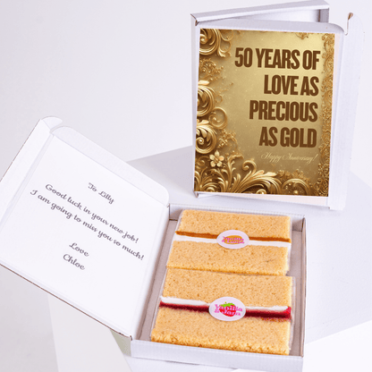 Anniversary cake gift with 50 Years of Love message and well wishes.