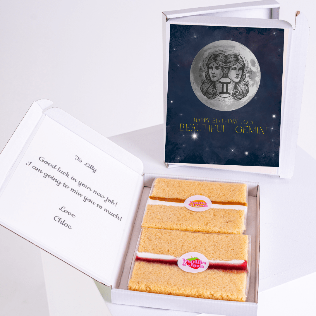 Gemini birthday cake gift box for Lilly, with a farewell note.