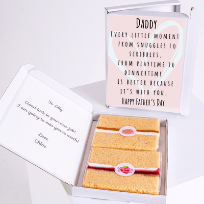 Father's Day gift box with cake, note to Lilly, and message for Daddy.