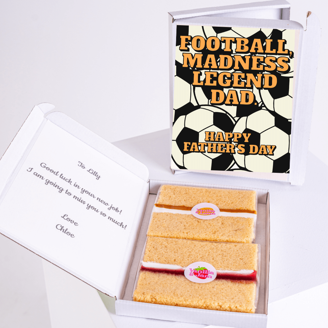 Father's Day gift box with football theme cake, card from Chloe (17_68126c61)