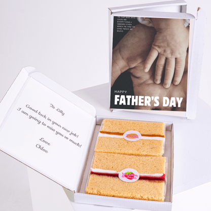 Father's Day gift box with cake, photo, and message for Lilly.