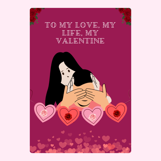 Valentine's Day card with loving couple and hearts.
