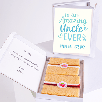 Father's Day gift box with cake for an amazing uncle, card and note.