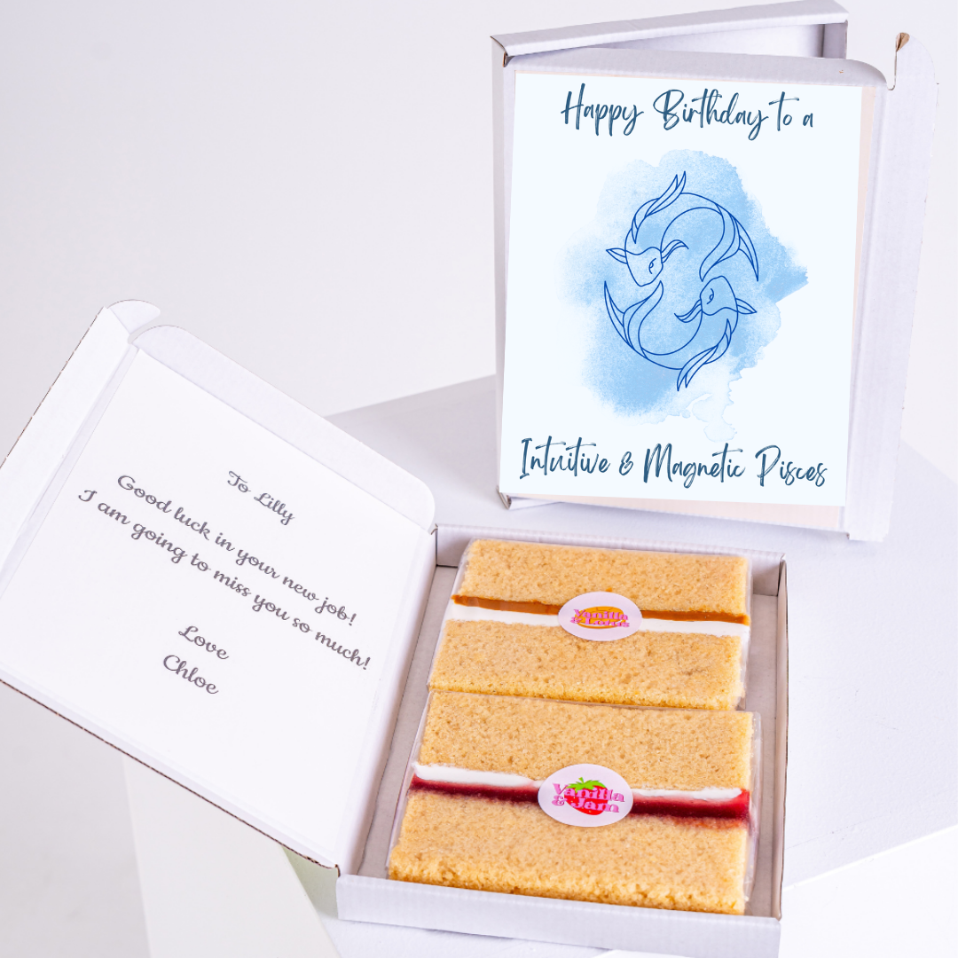 Birthday gift box for Pisces with cake and card for Lilly