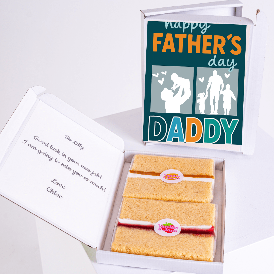 Father's Day gift box with cake, card, and Happy Father's Day Daddy message.