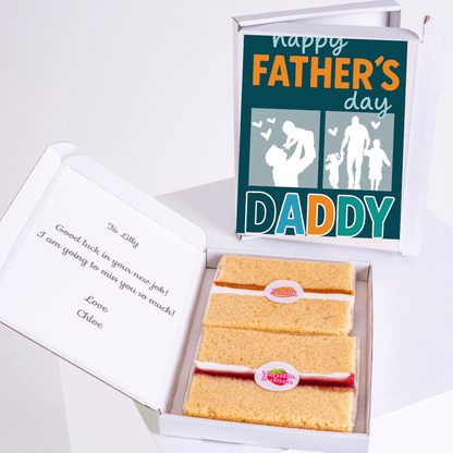 Father's Day gift box with cake, card, and Happy Father's Day Daddy message.
